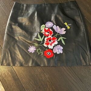 H&M Black Faux Leather Mini Skirt with beautiful Embroidered Floral Accent